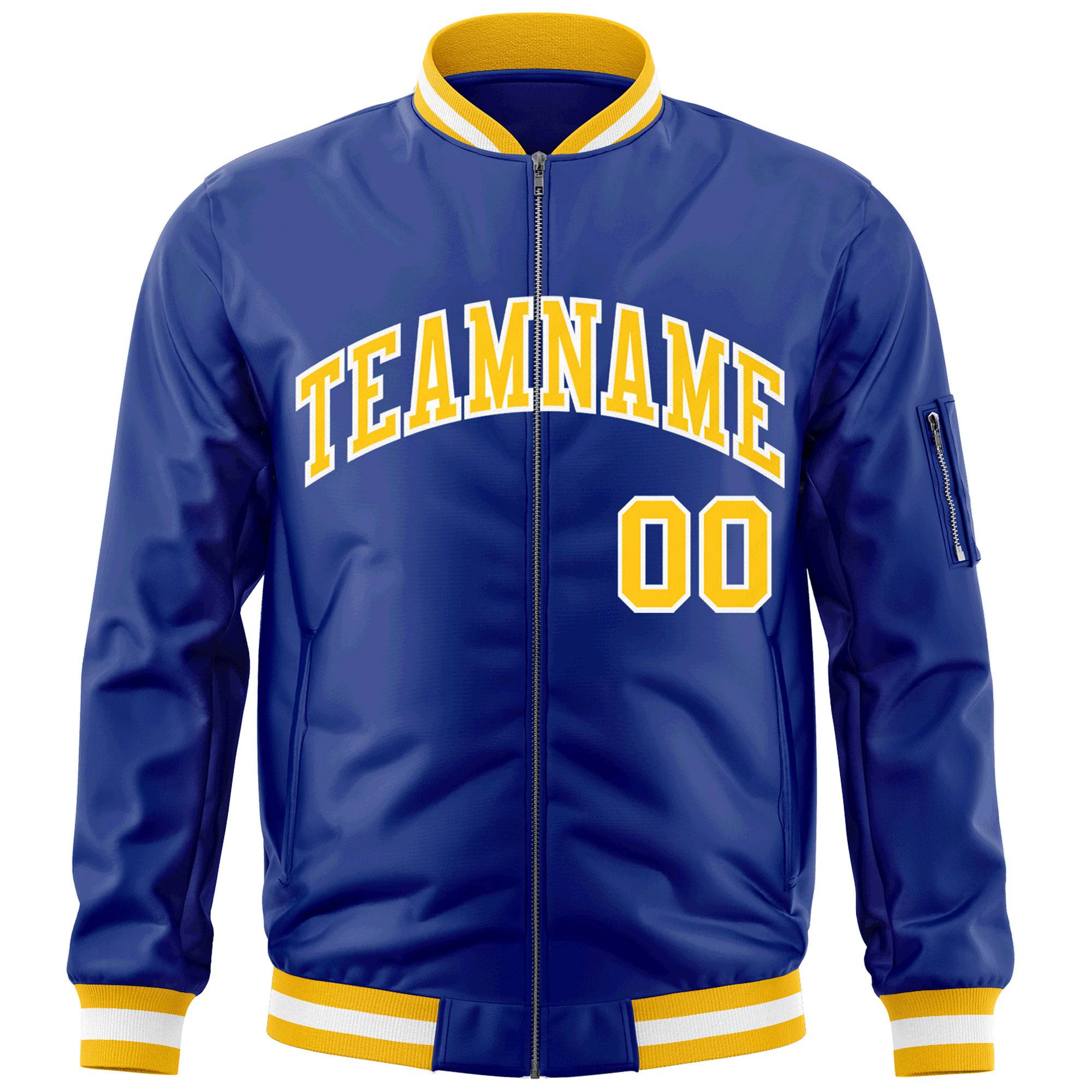 Custom Royal Gold-White Varsity Full-Zip Letterman Bomber Jacket