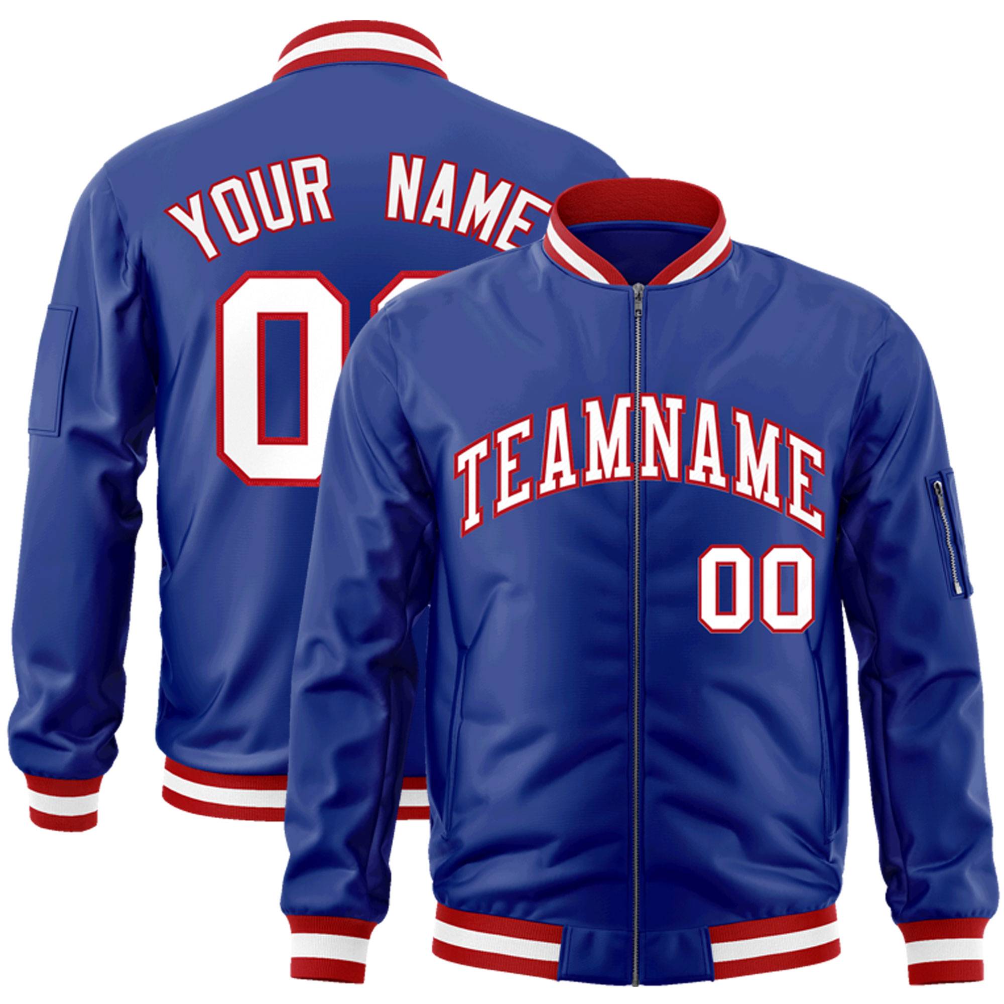 Custom Royal White-Red Varsity Full-Zip Letterman Bomber Jacket