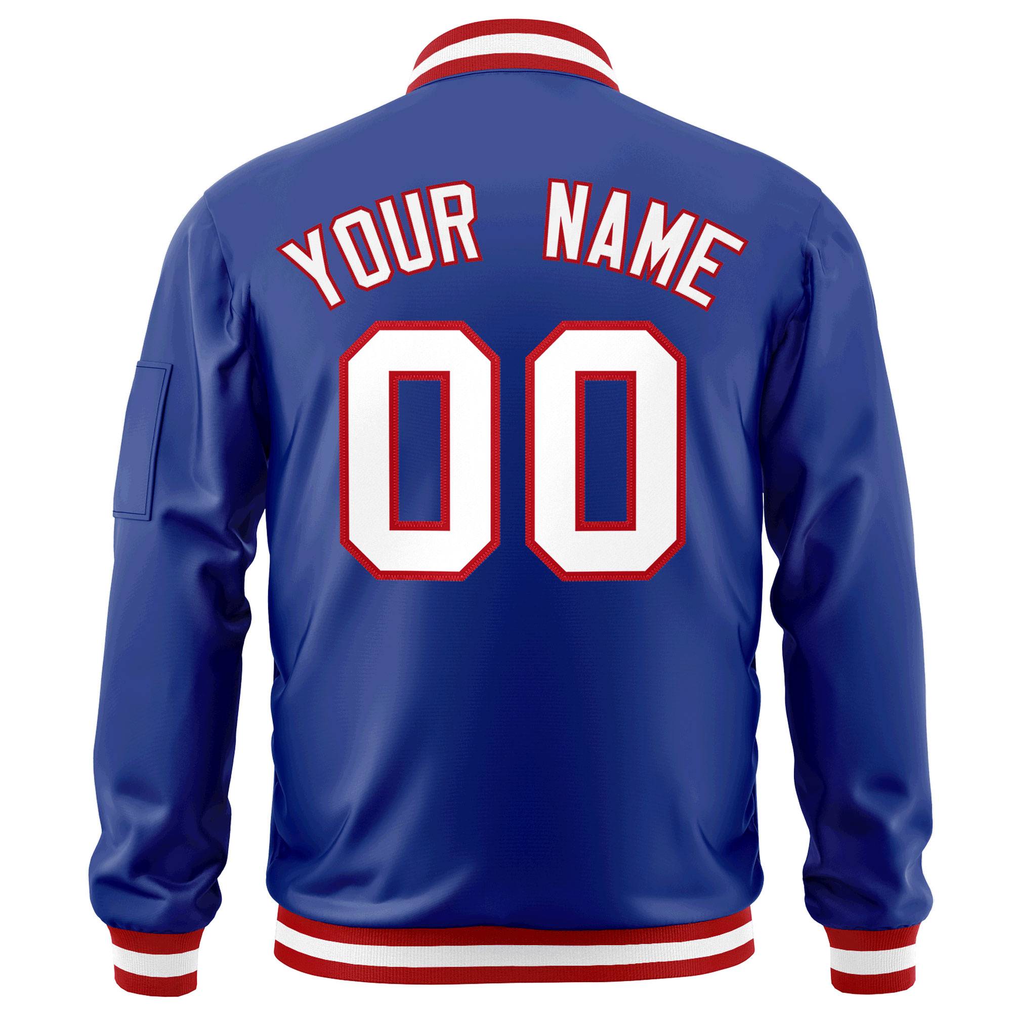 Custom Royal White-Red Varsity Full-Zip Letterman Bomber Jacket