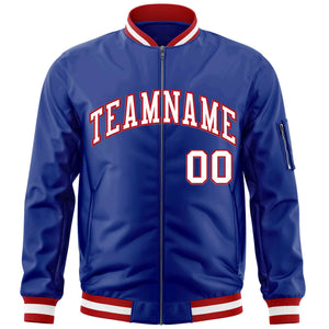 Custom Royal White-Red Varsity Full-Zip Letterman Bomber Jacket