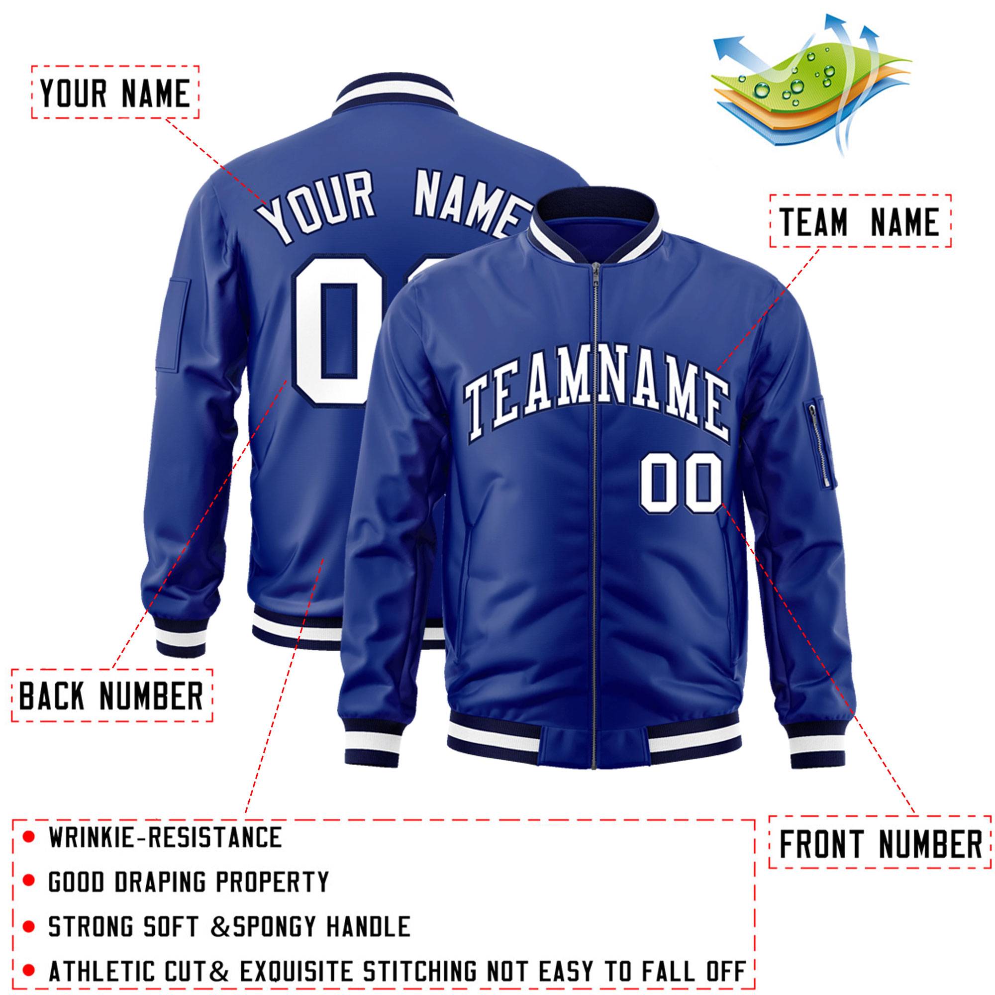 Custom Royal White-Navy Varsity Full-Zip Letterman Bomber Jacket