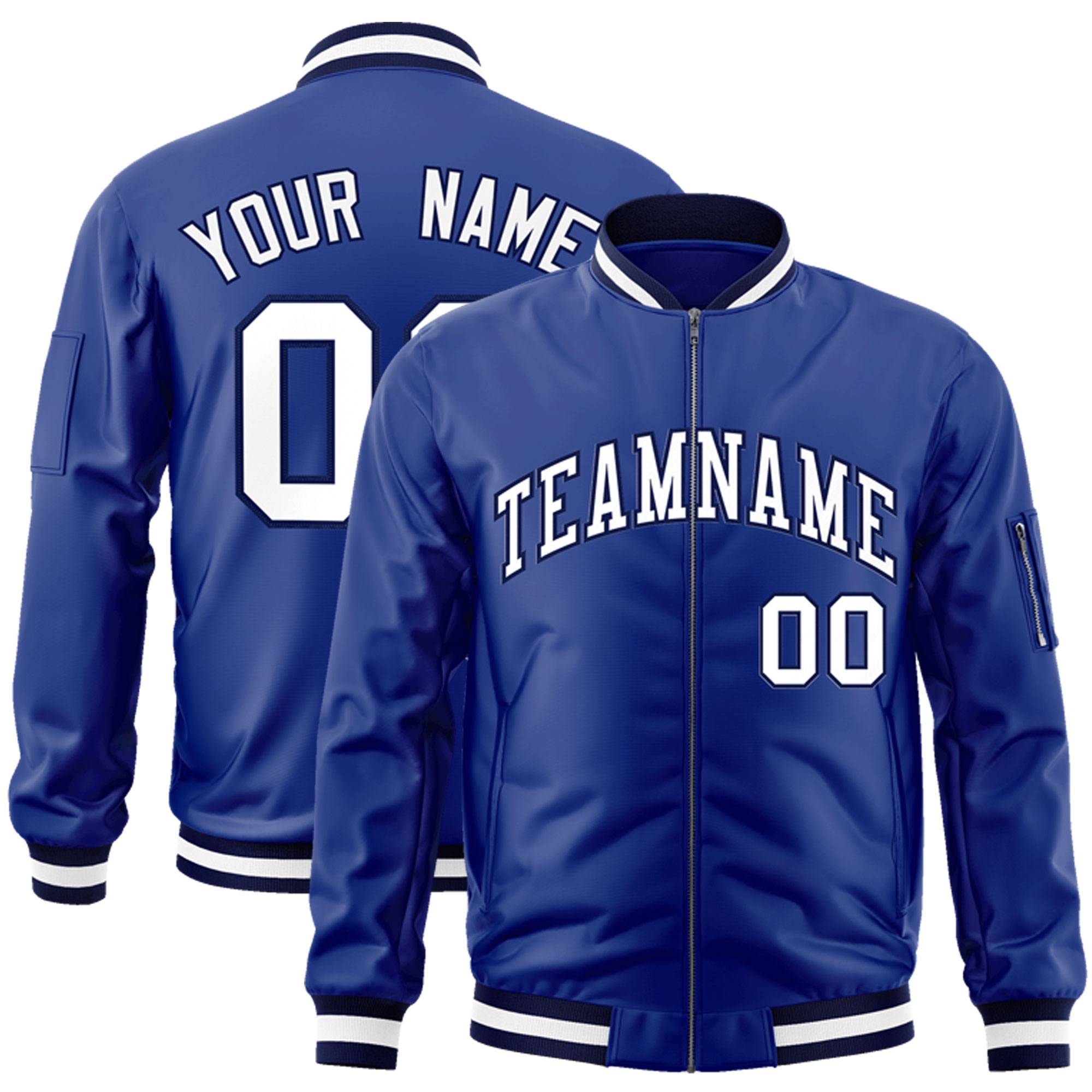 Custom Royal White-Navy Varsity Full-Zip Letterman Bomber Jacket