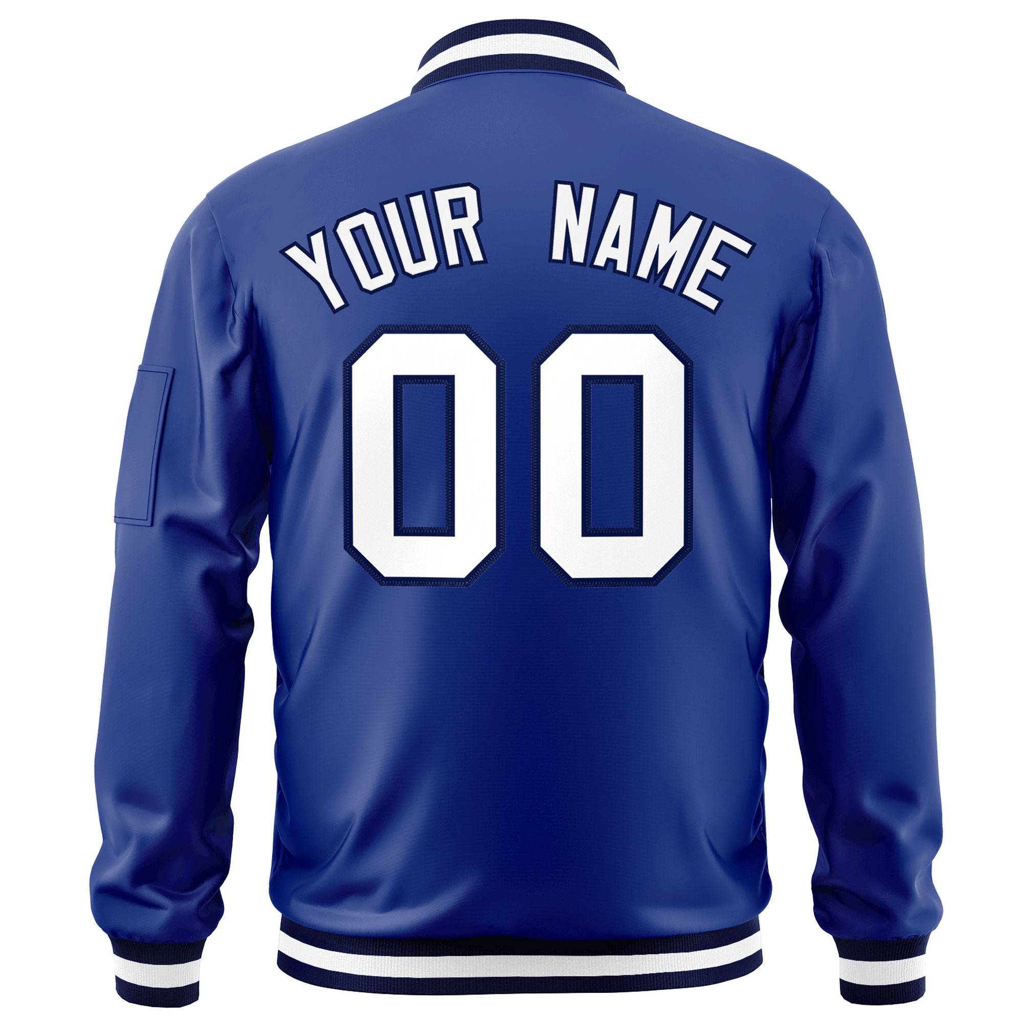 Custom Royal White-Navy Varsity Full-Zip Letterman Bomber Jacket