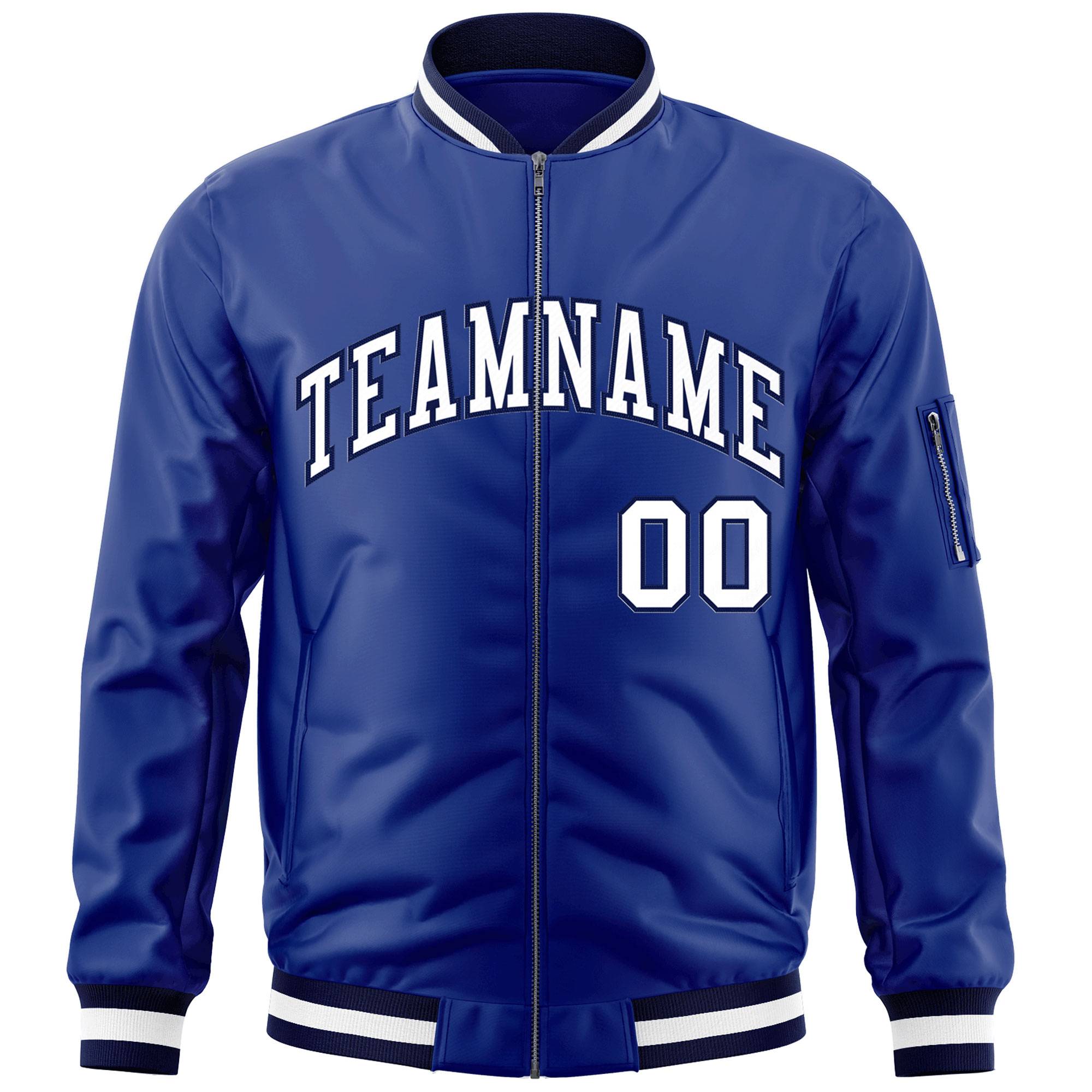 Custom Royal White-Navy Varsity Full-Zip Letterman Bomber Jacket