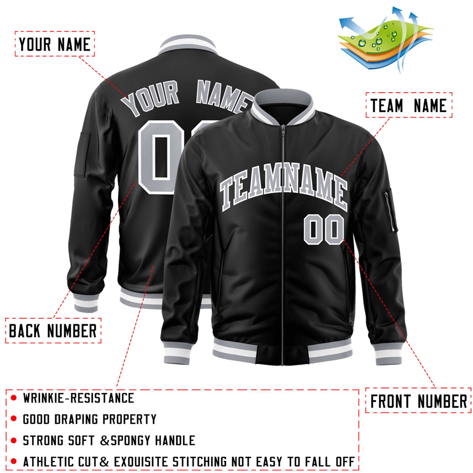 Custom Black Gray-White Varsity Full-Zip Letterman Bomber Jacket