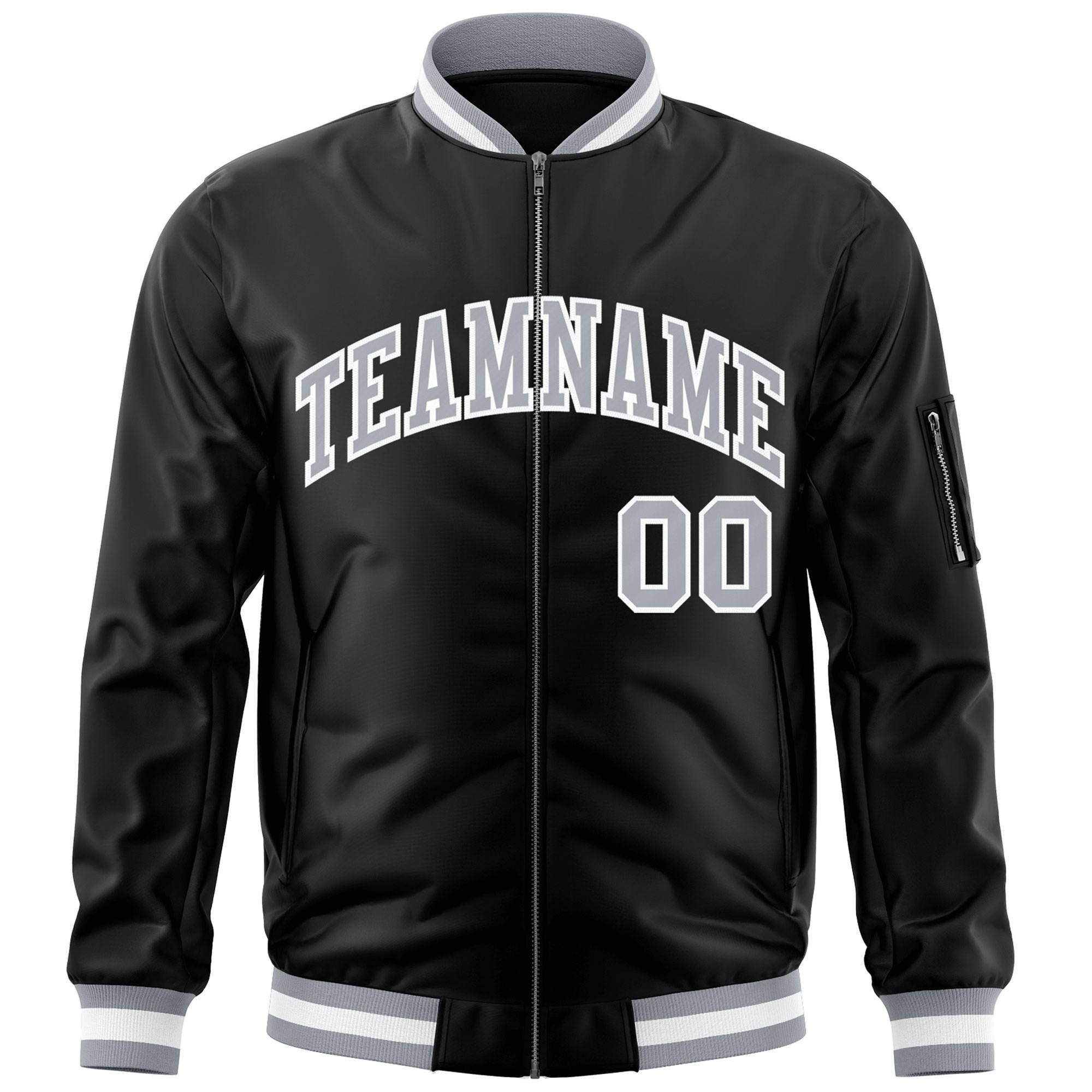 Custom Black Gray-White Varsity Full-Zip Letterman Bomber Jacket