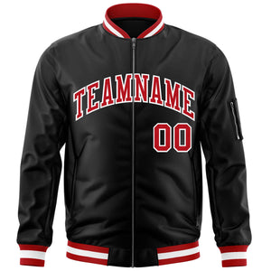 Custom Black Red-White Varsity Full-Zip Letterman Bomber Jacket