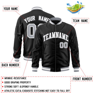 Custom Black White-Gray Varsity Full-Zip Letterman Bomber Jacket