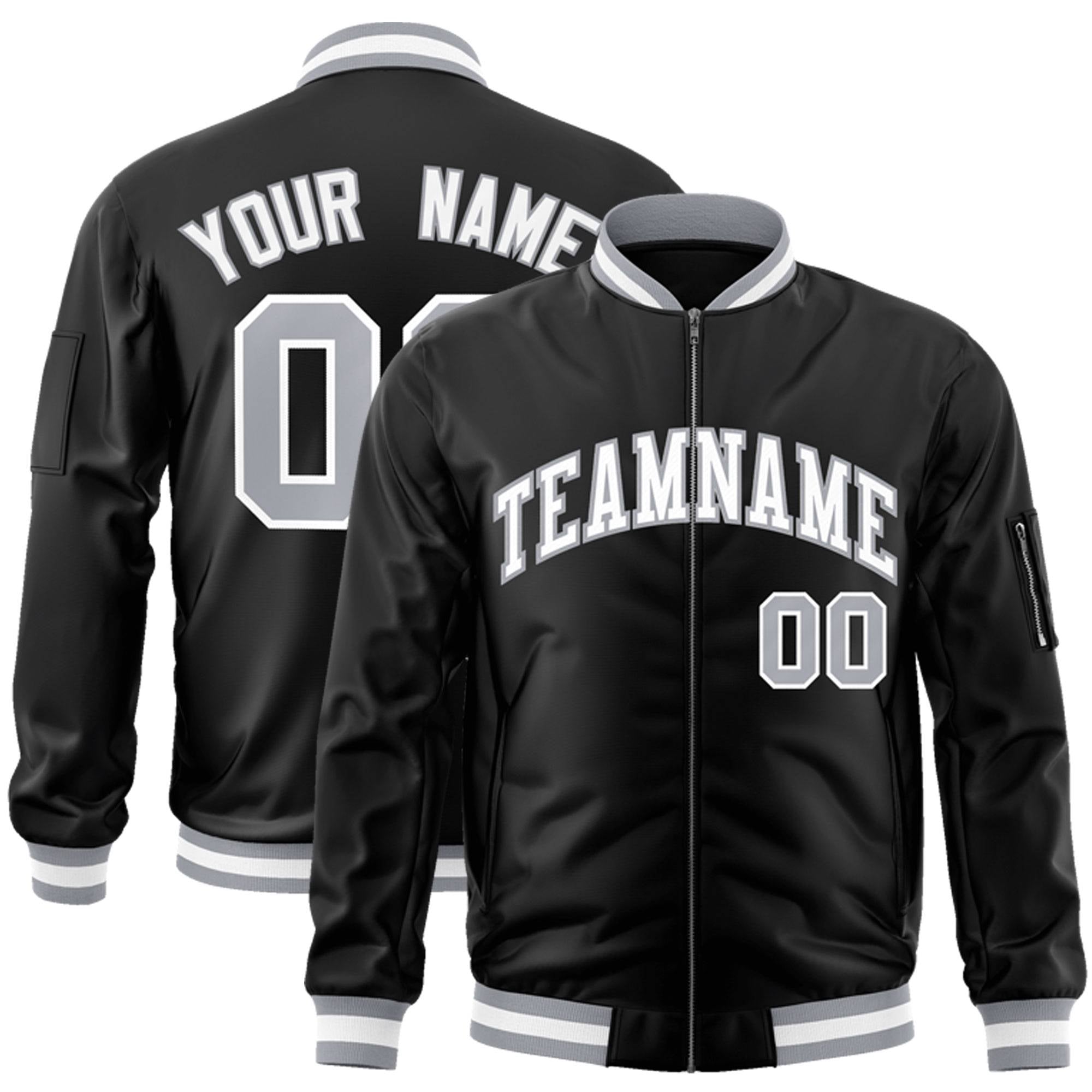 Custom Black White-Gray Varsity Full-Zip Letterman Bomber Jacket