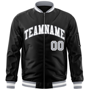 Custom Black White-Gray Varsity Full-Zip Letterman Bomber Jacket