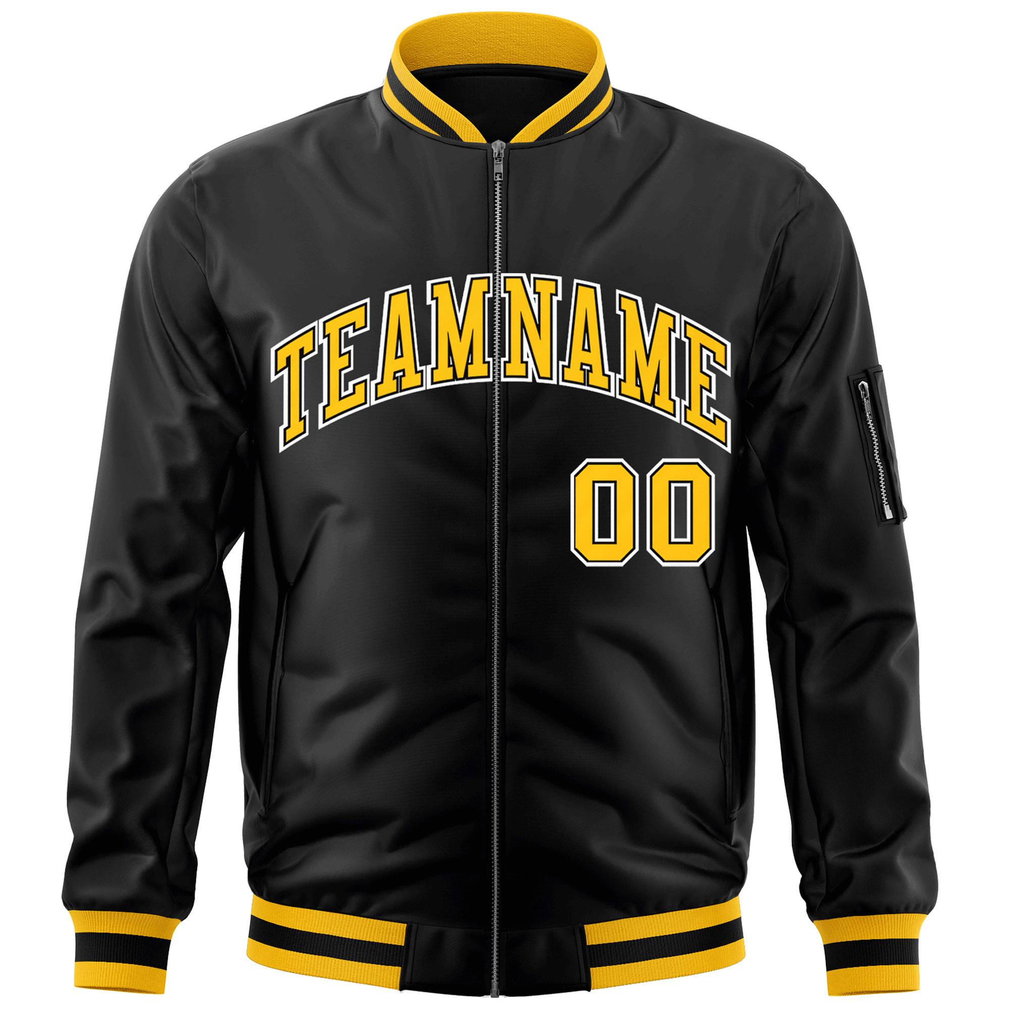 Custom Black Gold-White Varsity Full-Zip Letterman Bomber Jacket