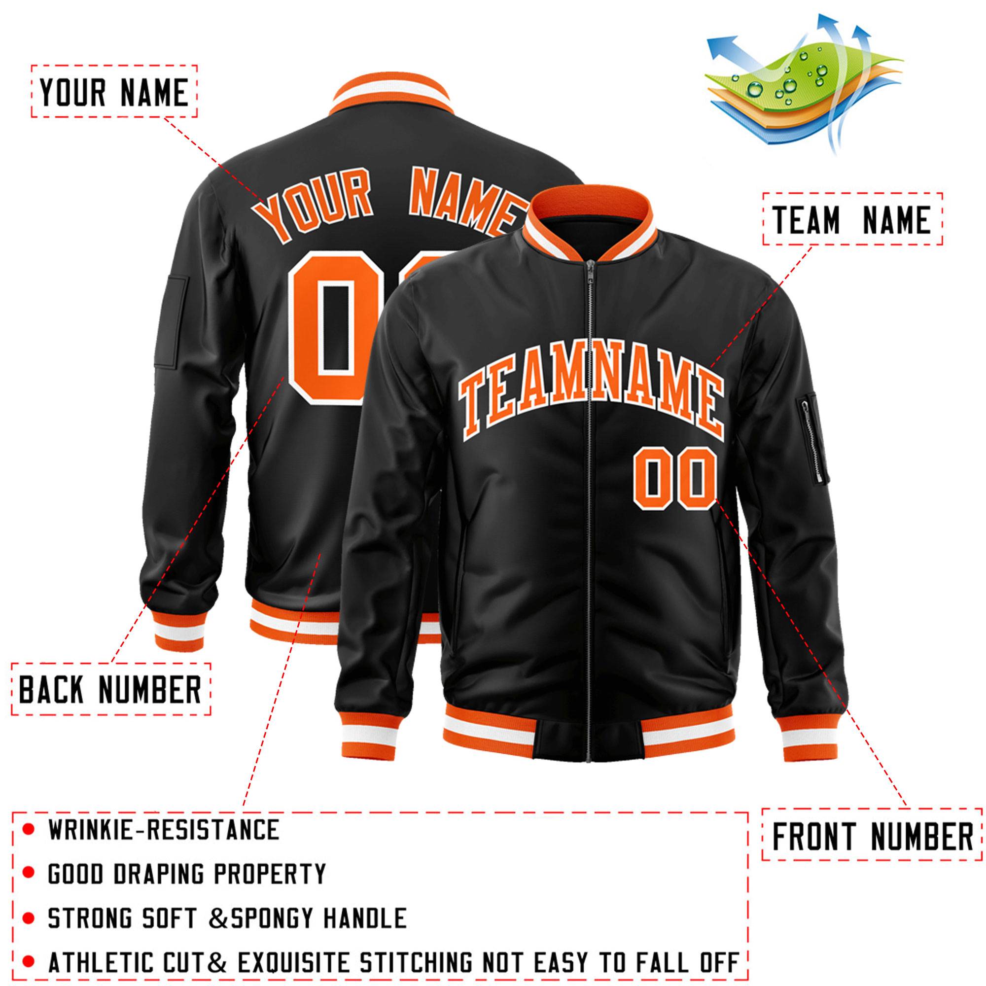 Custom Black Orange-White Varsity Full-Zip Letterman Bomber Jacket