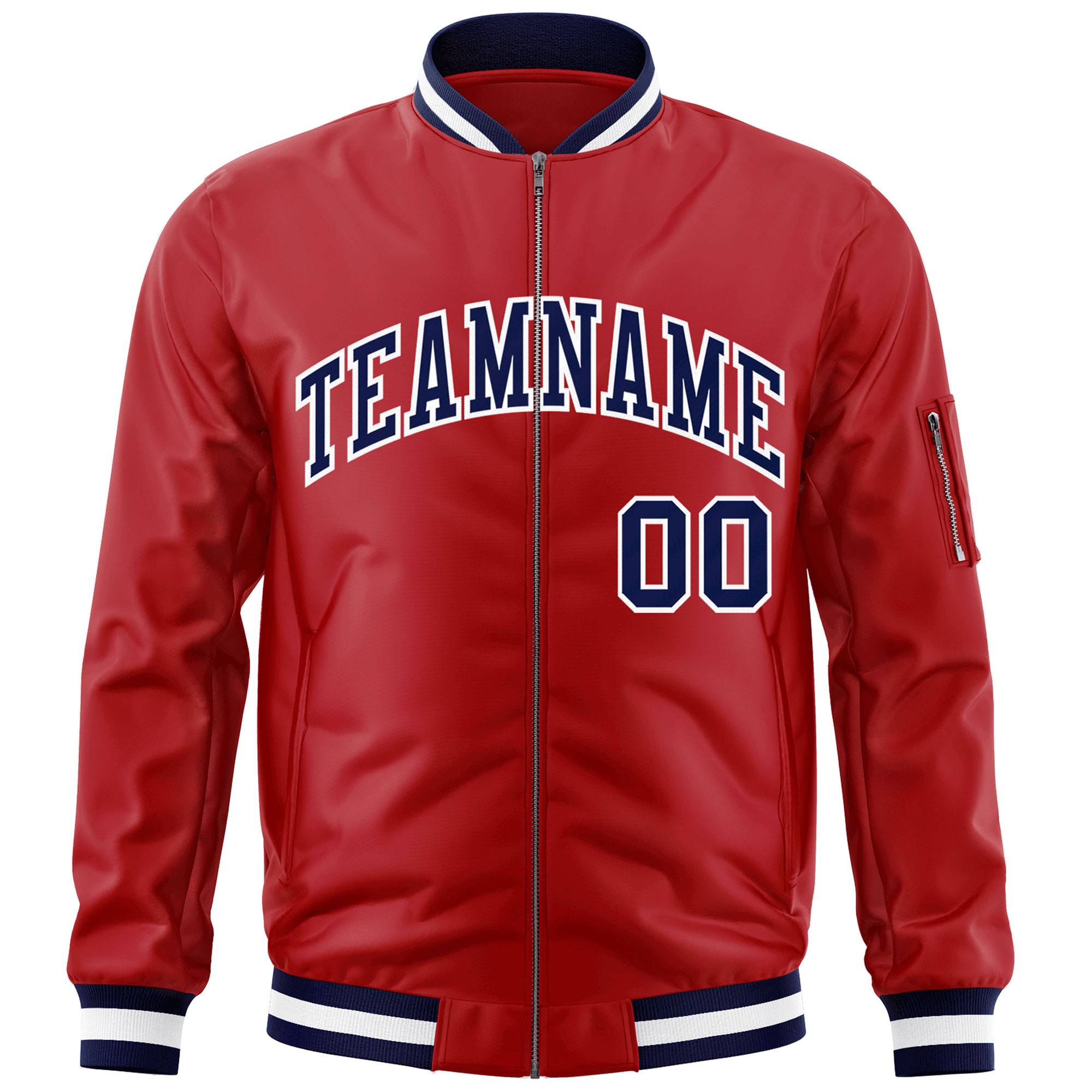 Custom Red Navy-White Varsity Full-Zip Letterman Bomber Jacket