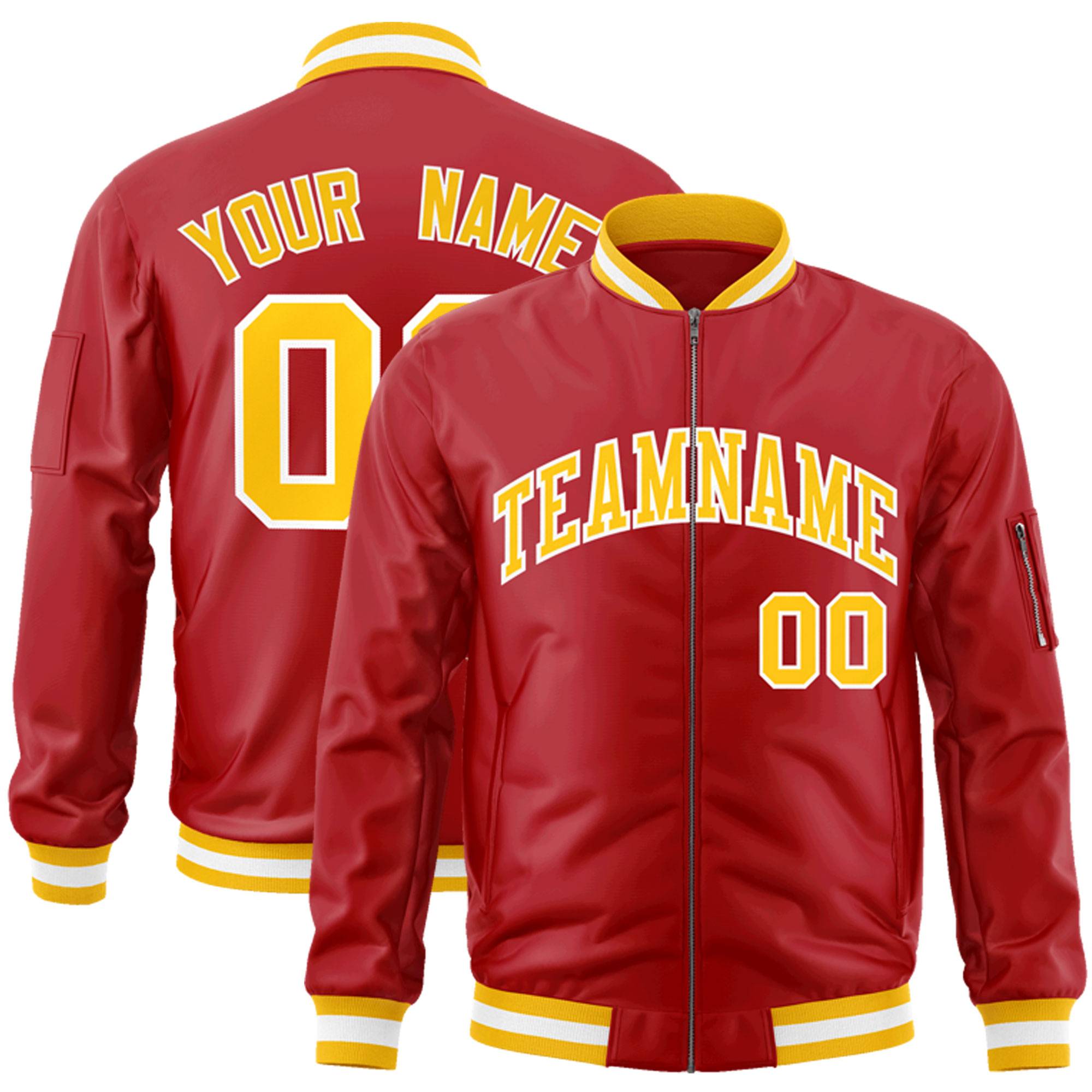 Custom Red Gold-White Varsity Full-Zip Letterman Bomber Jacket