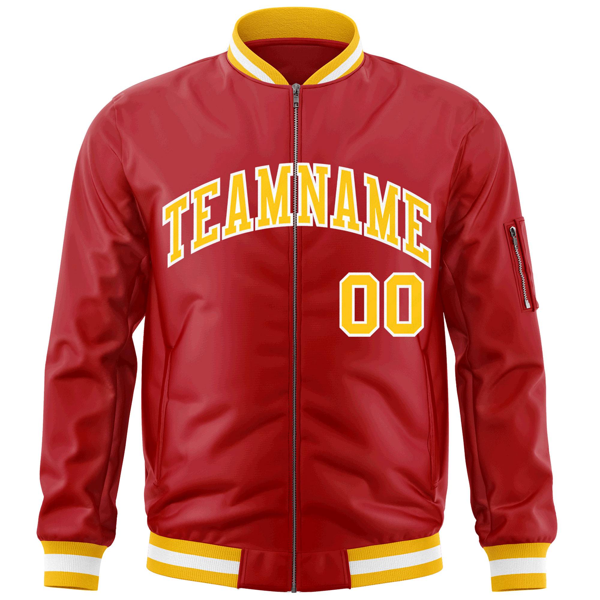 Custom Red Gold-White Varsity Full-Zip Letterman Bomber Jacket