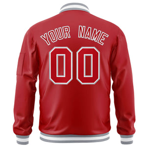 Custom Red White-Gray Varsity Full-Zip Letterman Bomber Jacket