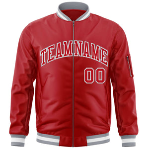 Custom Red White-Gray Varsity Full-Zip Letterman Bomber Jacket