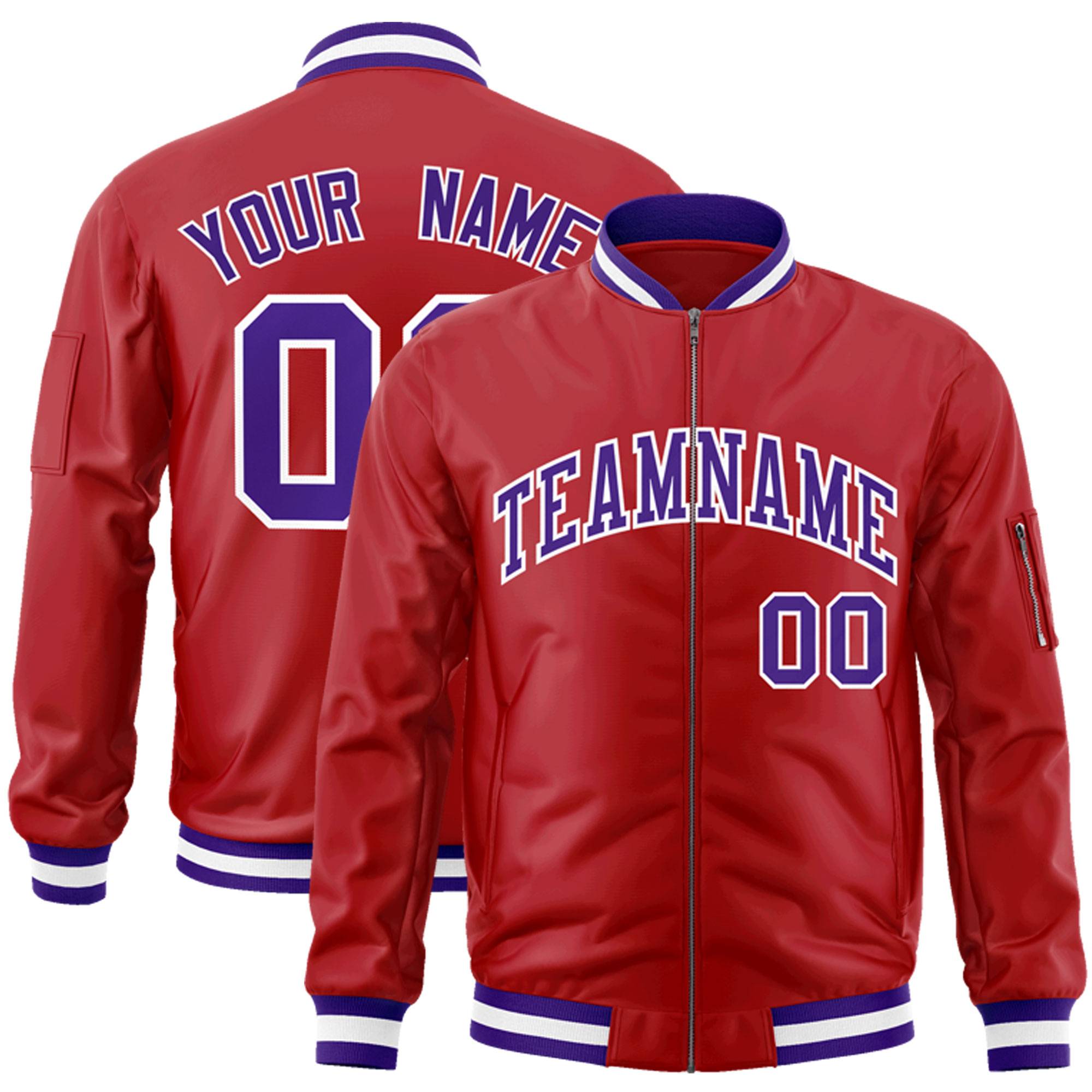 Custom Red Purple-White Varsity Full-Zip Letterman Bomber Jacket