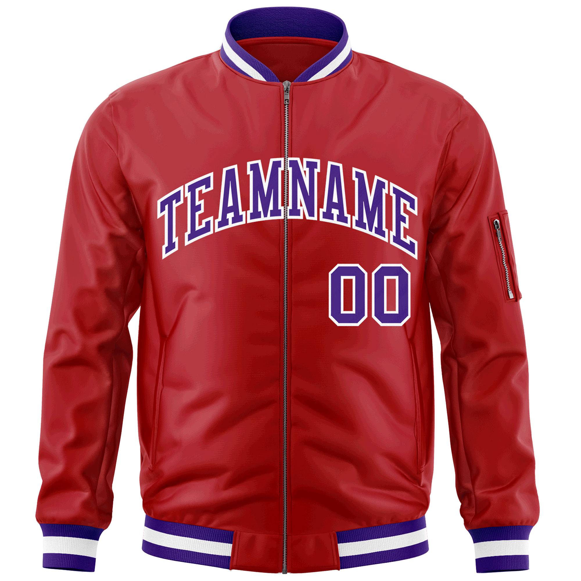 Custom Red Purple-White Varsity Full-Zip Letterman Bomber Jacket