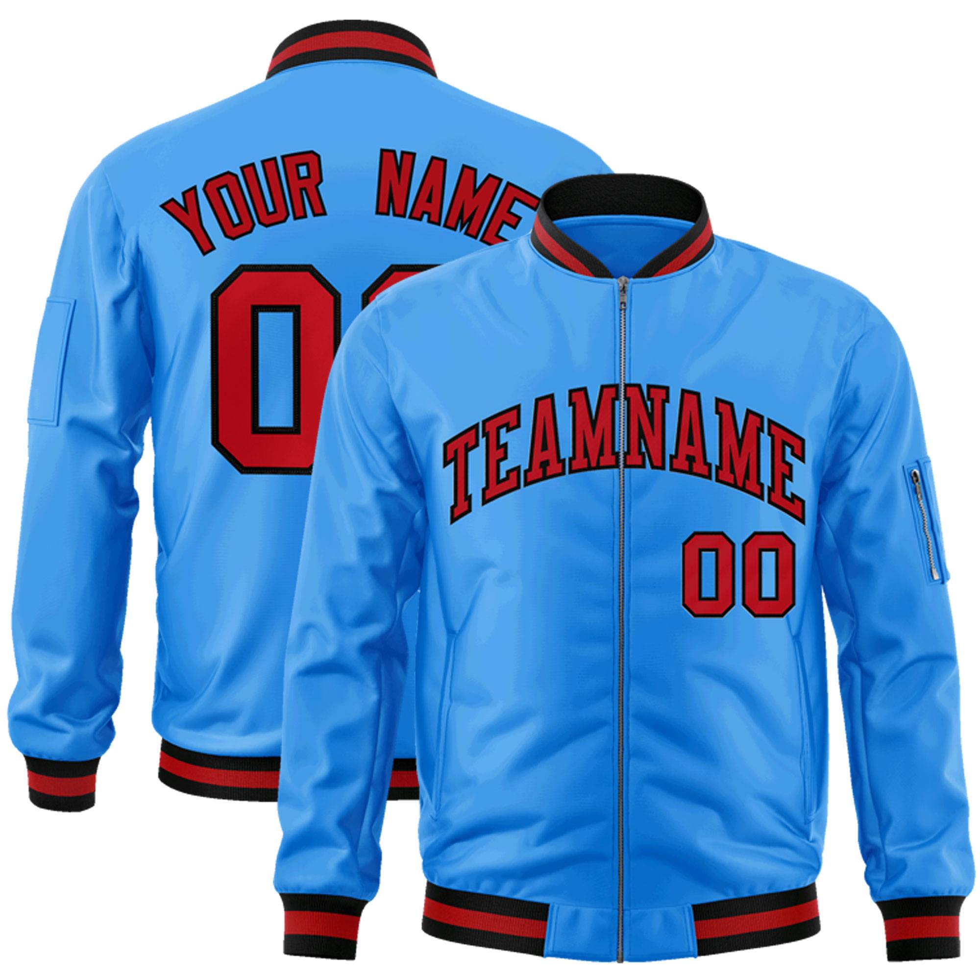 Custom Powder Blue Red-Black Varsity Full-Zip Letterman Bomber Jacket