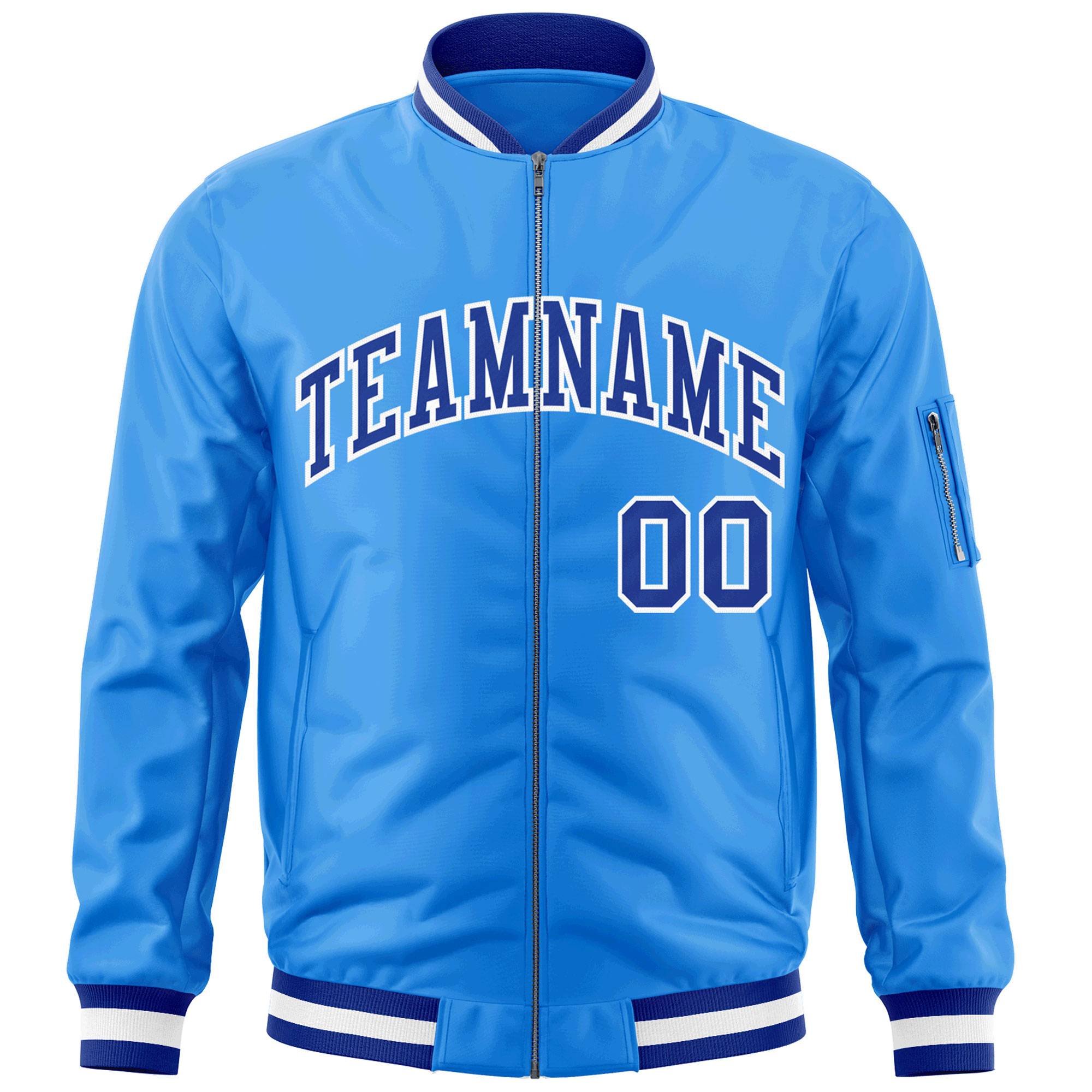 Custom Powder Blue Royal-White Varsity Full-Zip Letterman Bomber Jacket