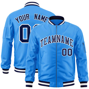 Custom Powder Blue Navy-White Varsity Full-Zip Letterman Bomber Jacket