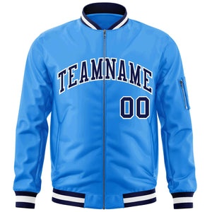 Custom Powder Blue Navy-White Varsity Full-Zip Letterman Bomber Jacket