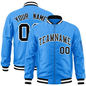 Custom Powder Blue Black-White Varsity Full-Zip Letterman Bomber Jacket