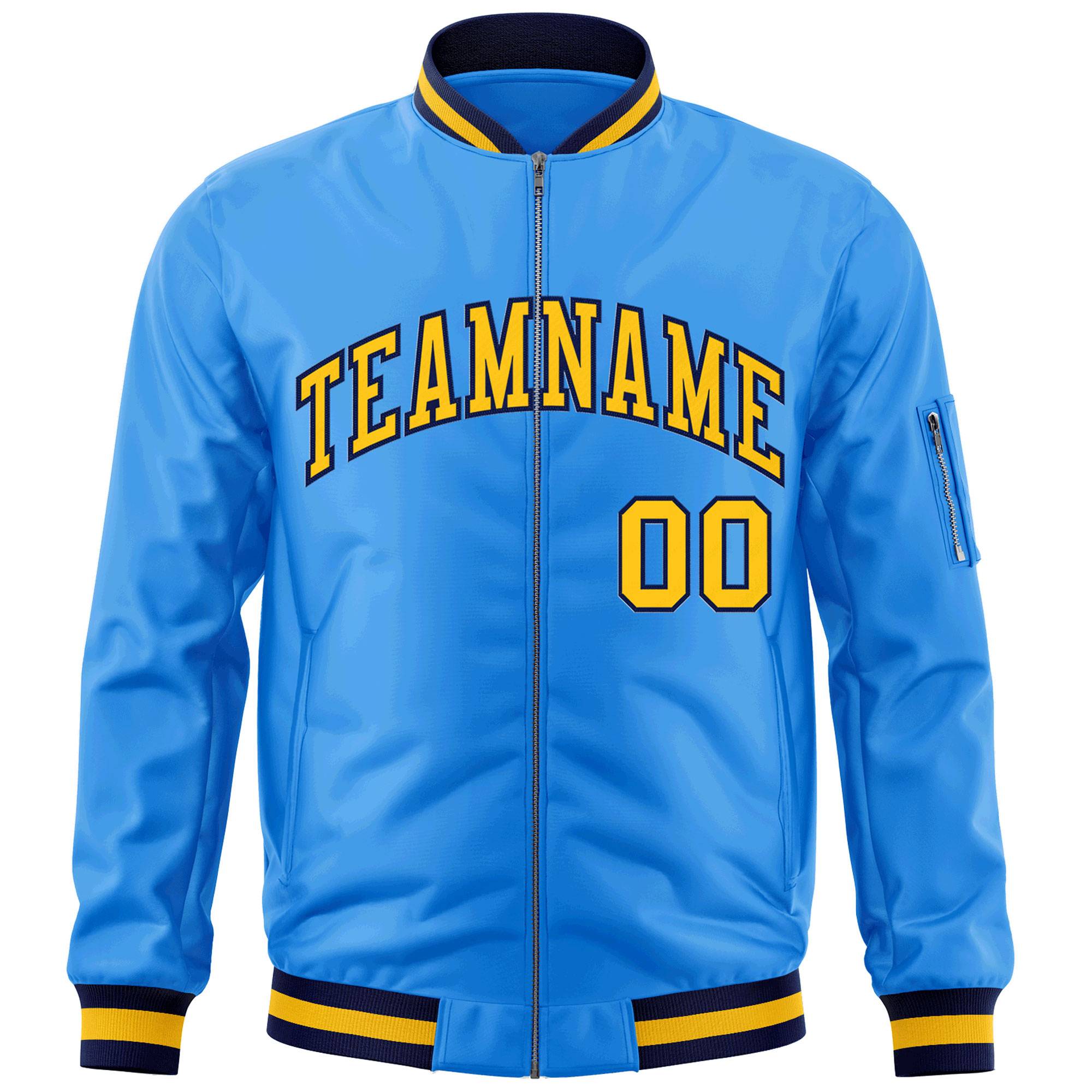 Custom Powder Blue Gold-Navy Varsity Full-Zip Letterman Bomber Jacket