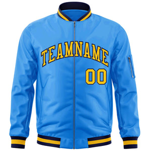 Custom Powder Blue Gold-Navy Varsity Full-Zip Letterman Bomber Jacket