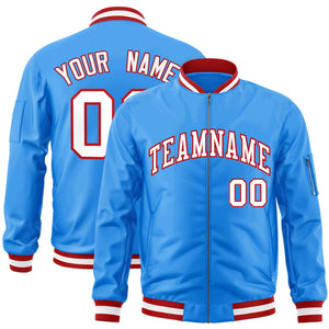 Custom Powder Blue White-Red Varsity Full-Zip Letterman Bomber Jacket