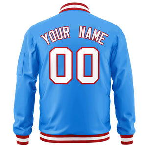 Custom Powder Blue White-Red Varsity Full-Zip Letterman Bomber Jacket