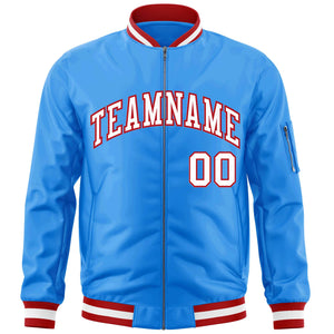 Custom Powder Blue White-Red Varsity Full-Zip Letterman Bomber Jacket