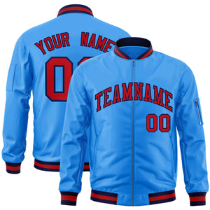 Custom Powder Blue Red-Navy Varsity Full-Zip Letterman Bomber Jacket