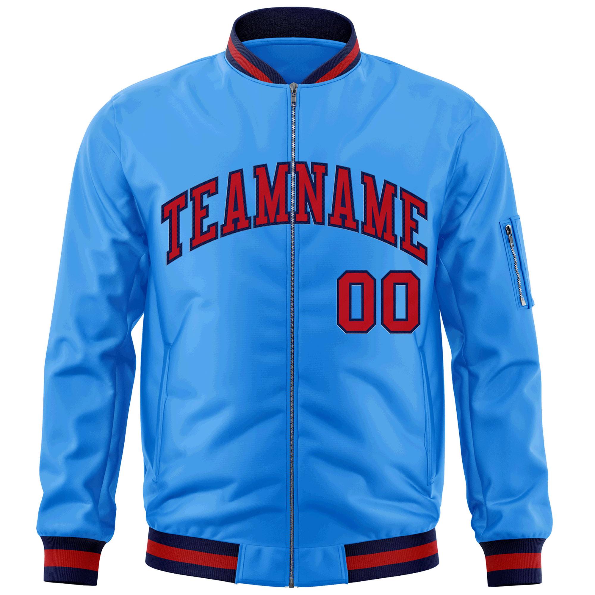 Custom Powder Blue Red-Navy Varsity Full-Zip Letterman Bomber Jacket