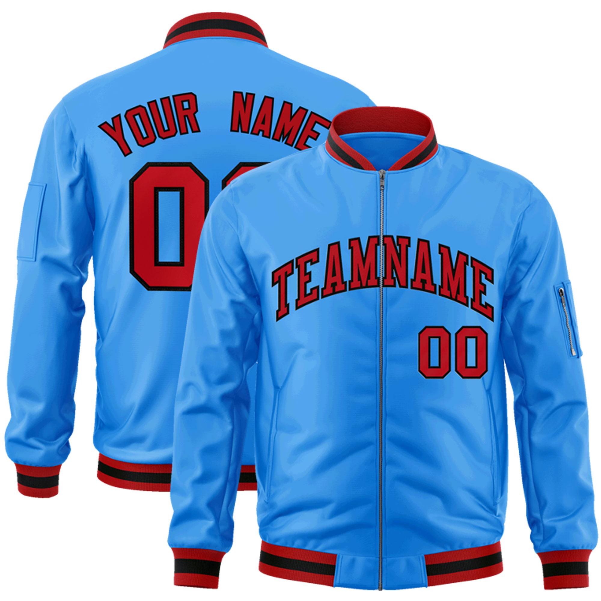 Custom Powder Blue Red-Black Varsity Full-Zip Letterman Bomber Jacket