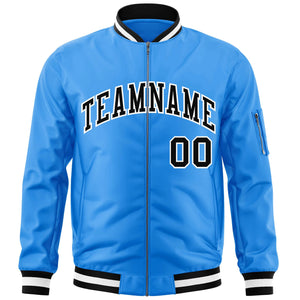 Custom Powder Blue Black-White Varsity Full-Zip Letterman Bomber Jacket