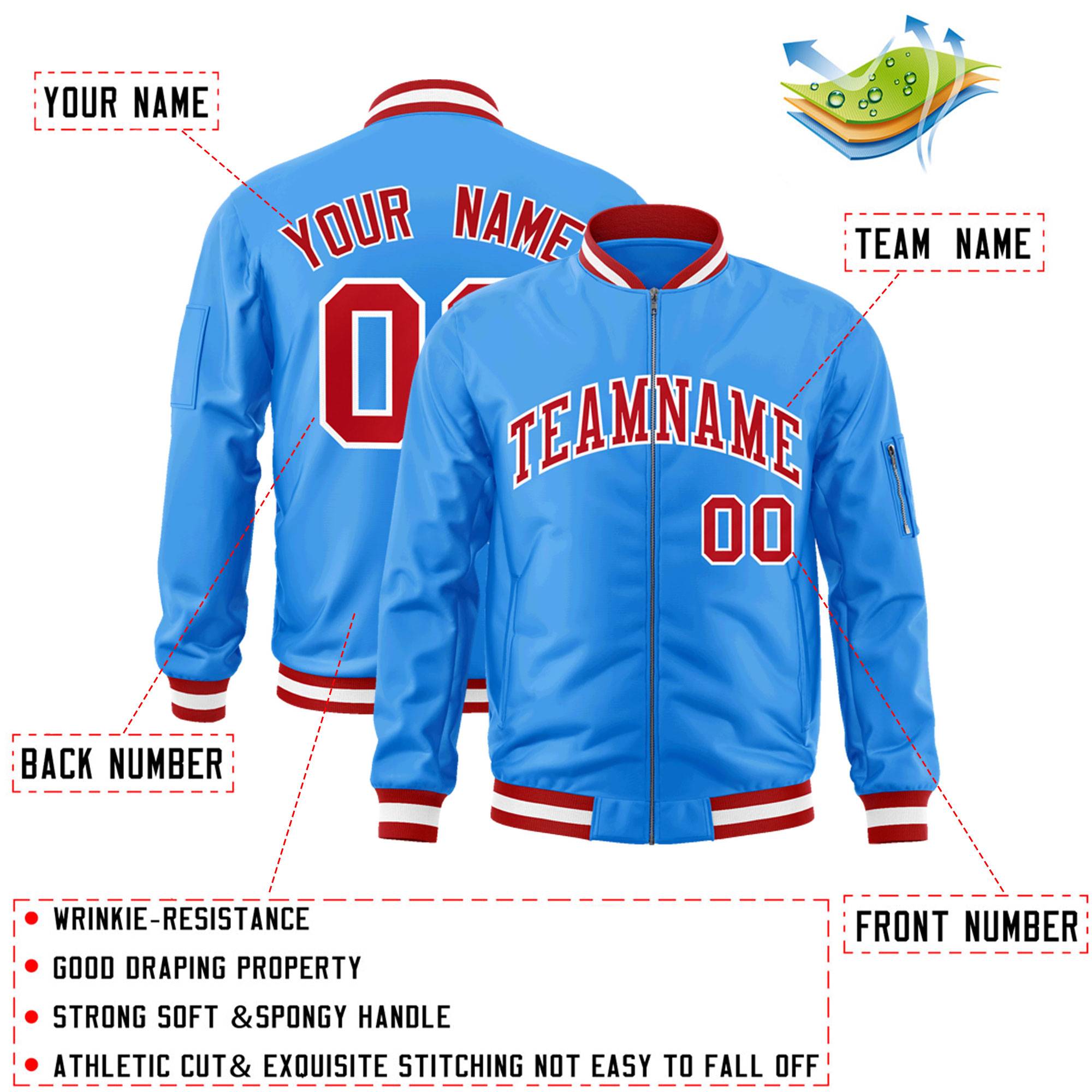 Custom Powder Blue Red-White Varsity Full-Zip Letterman Bomber Jacket