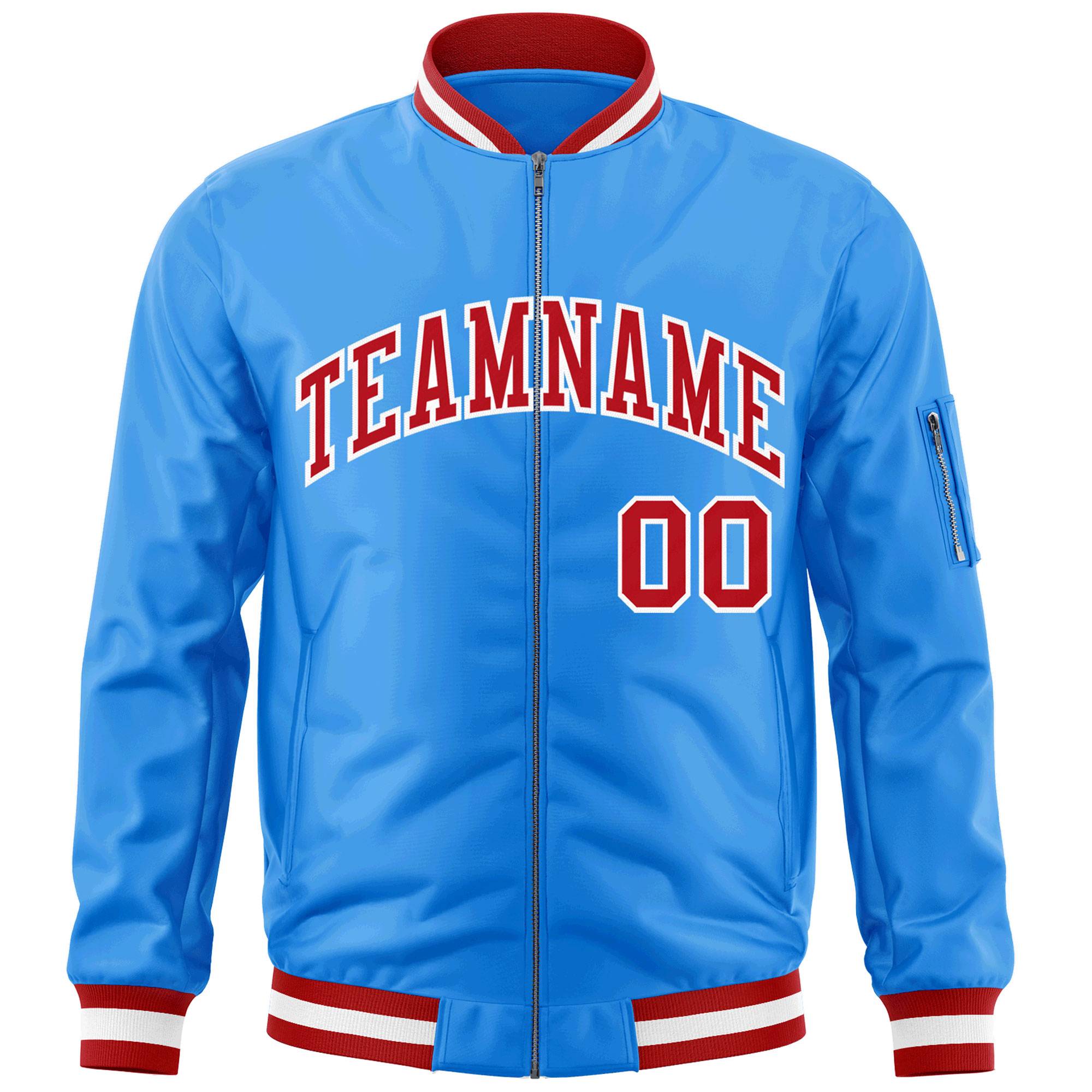 Custom Powder Blue Red-White Varsity Full-Zip Letterman Bomber Jacket