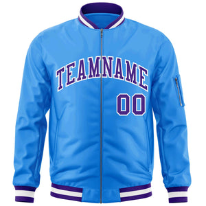 Custom Powder Blue Purple-White Varsity Full-Zip Letterman Bomber Jacket