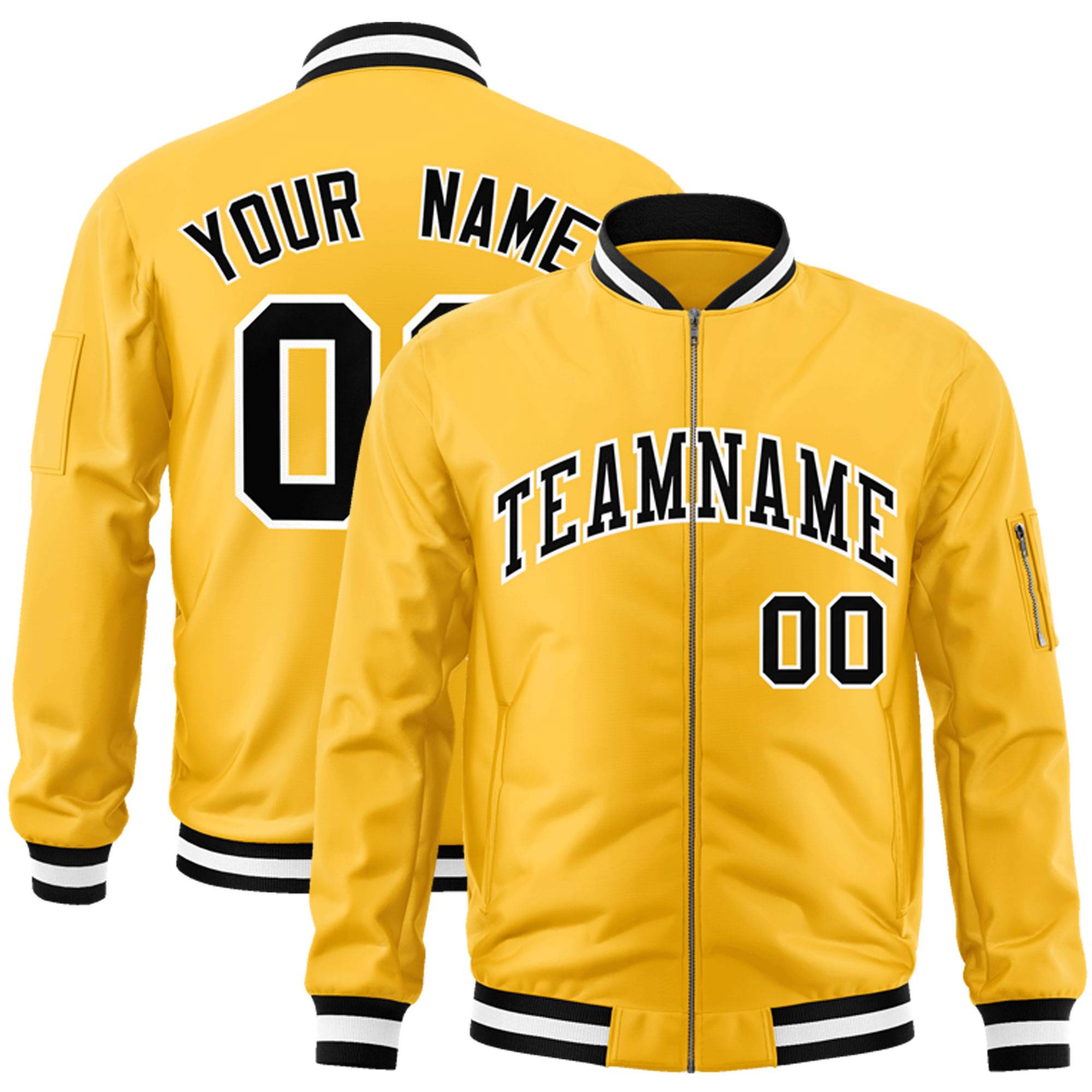 Custom Gold Black-White Varsity Full-Zip Letterman Bomber Jacket