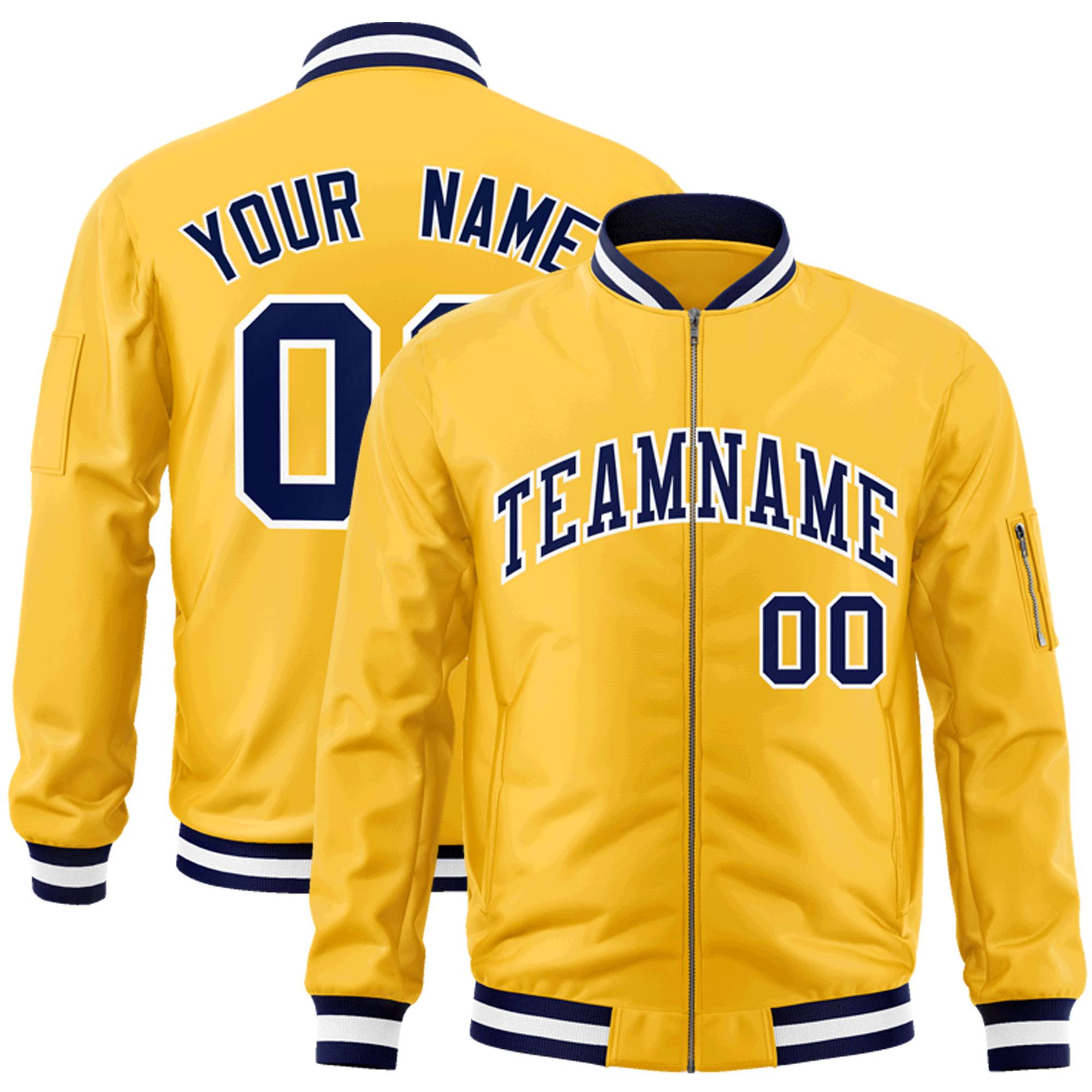 Custom Gold Navy-White Varsity Full-Zip Letterman Bomber Jacket