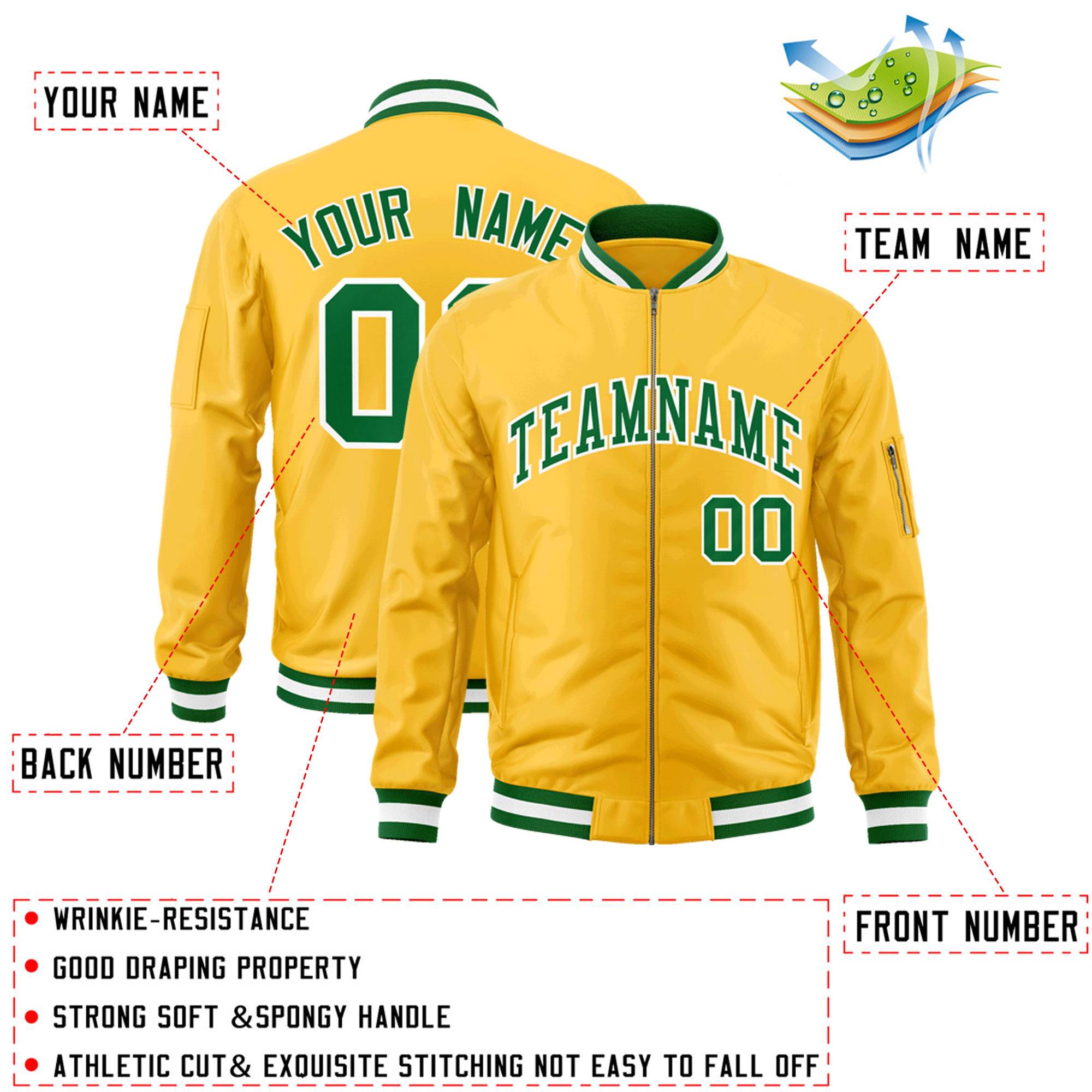 Custom Gold Kelly Green-White Varsity Full-Zip Letterman Bomber Jacket