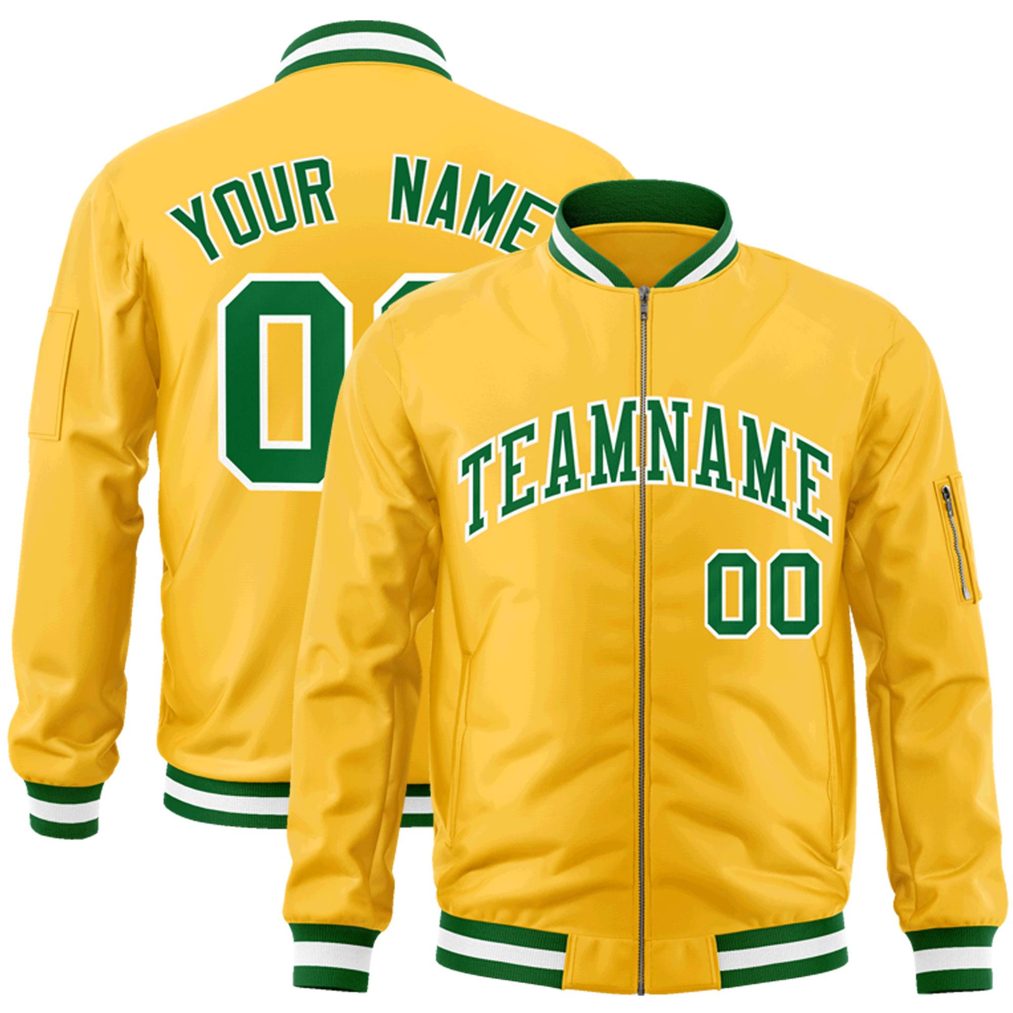 Custom Gold Kelly Green-White Varsity Full-Zip Letterman Bomber Jacket