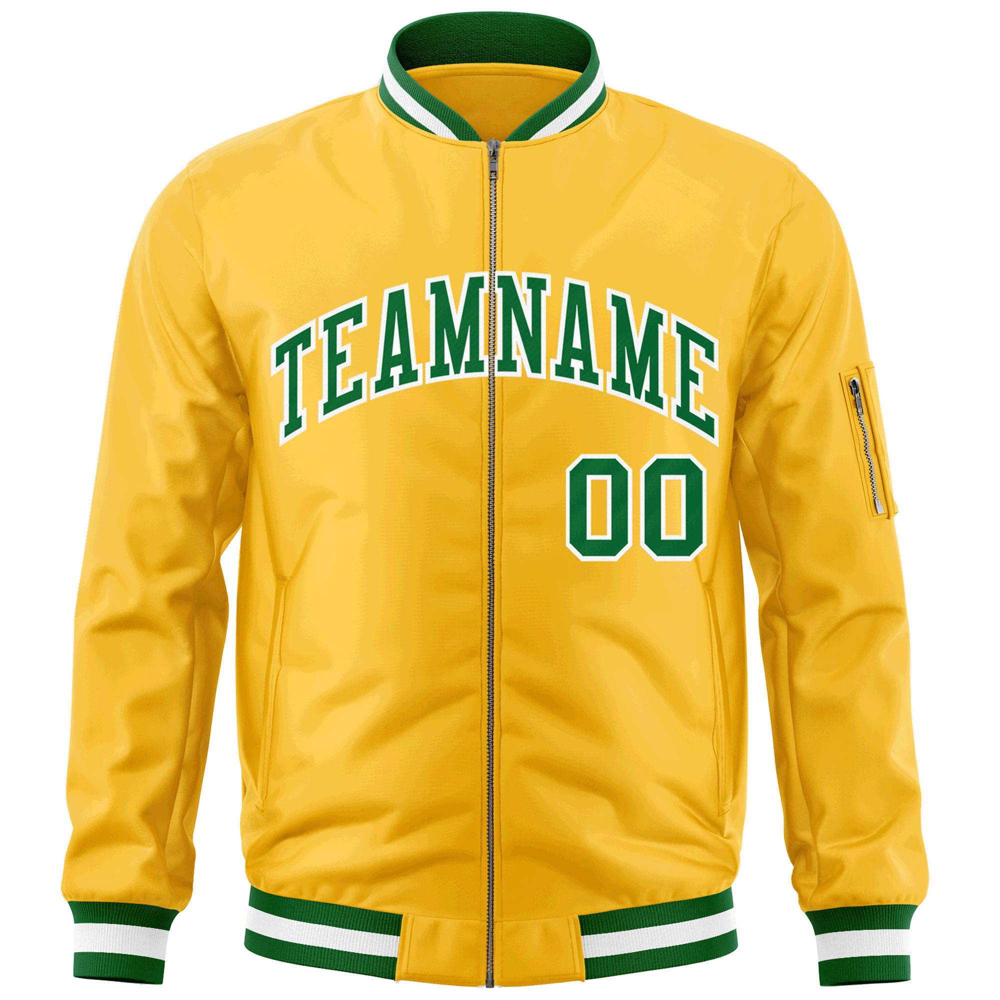 Custom Gold Kelly Green-White Varsity Full-Zip Letterman Bomber Jacket