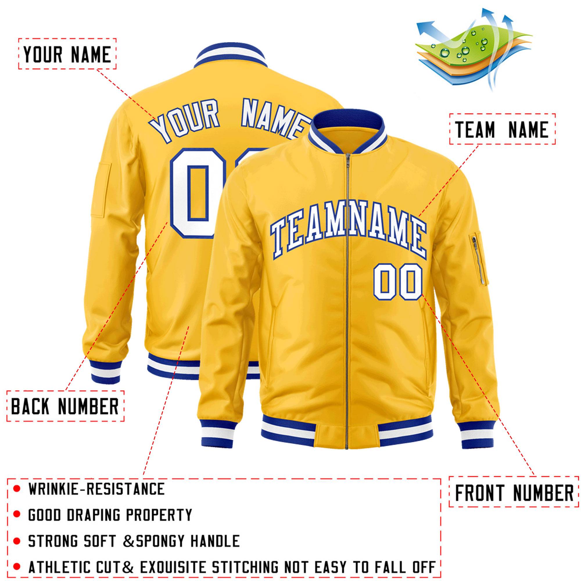 Custom Gold White-Royal Varsity Full-Zip Letterman Bomber Jacket