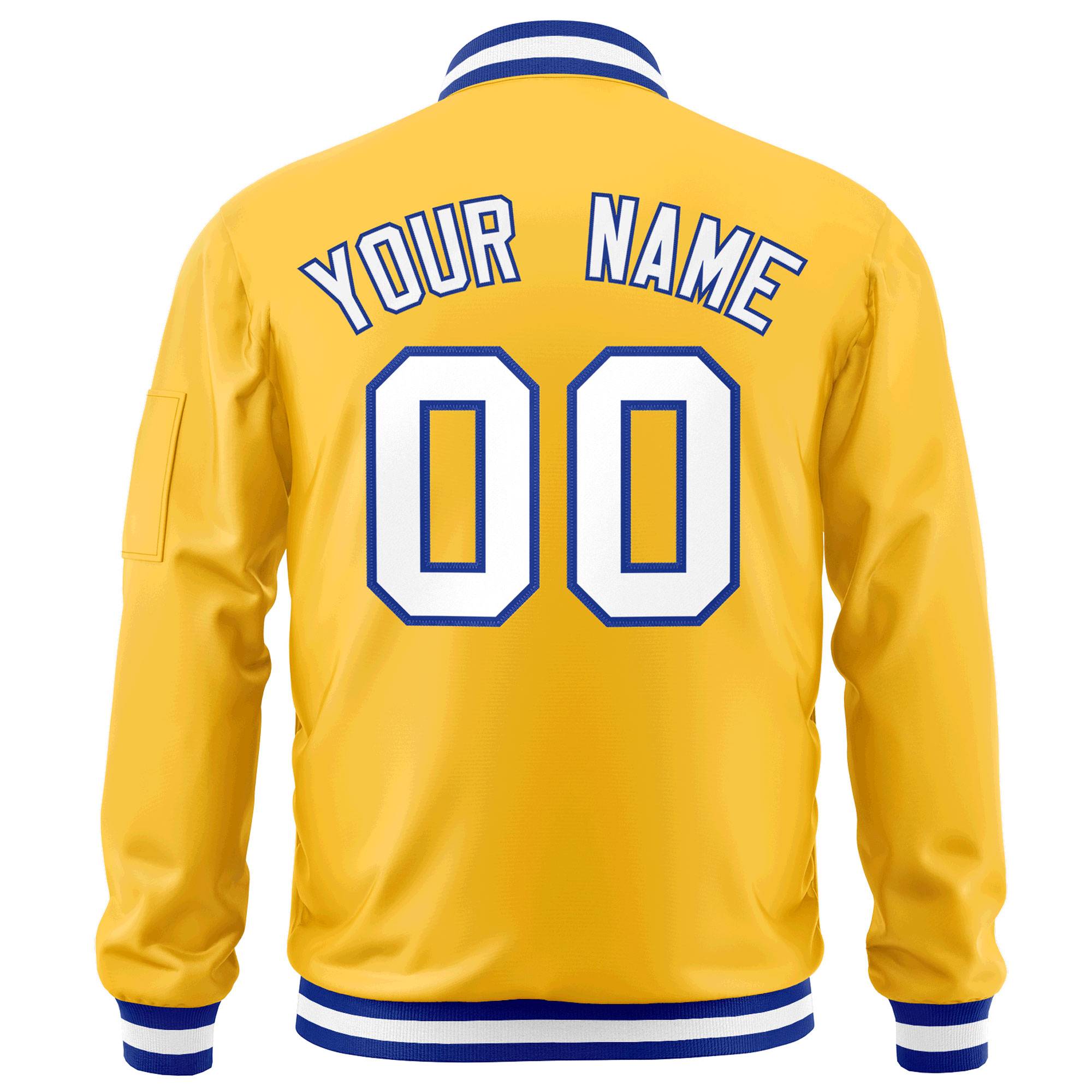 Custom Gold White-Royal Varsity Full-Zip Letterman Bomber Jacket