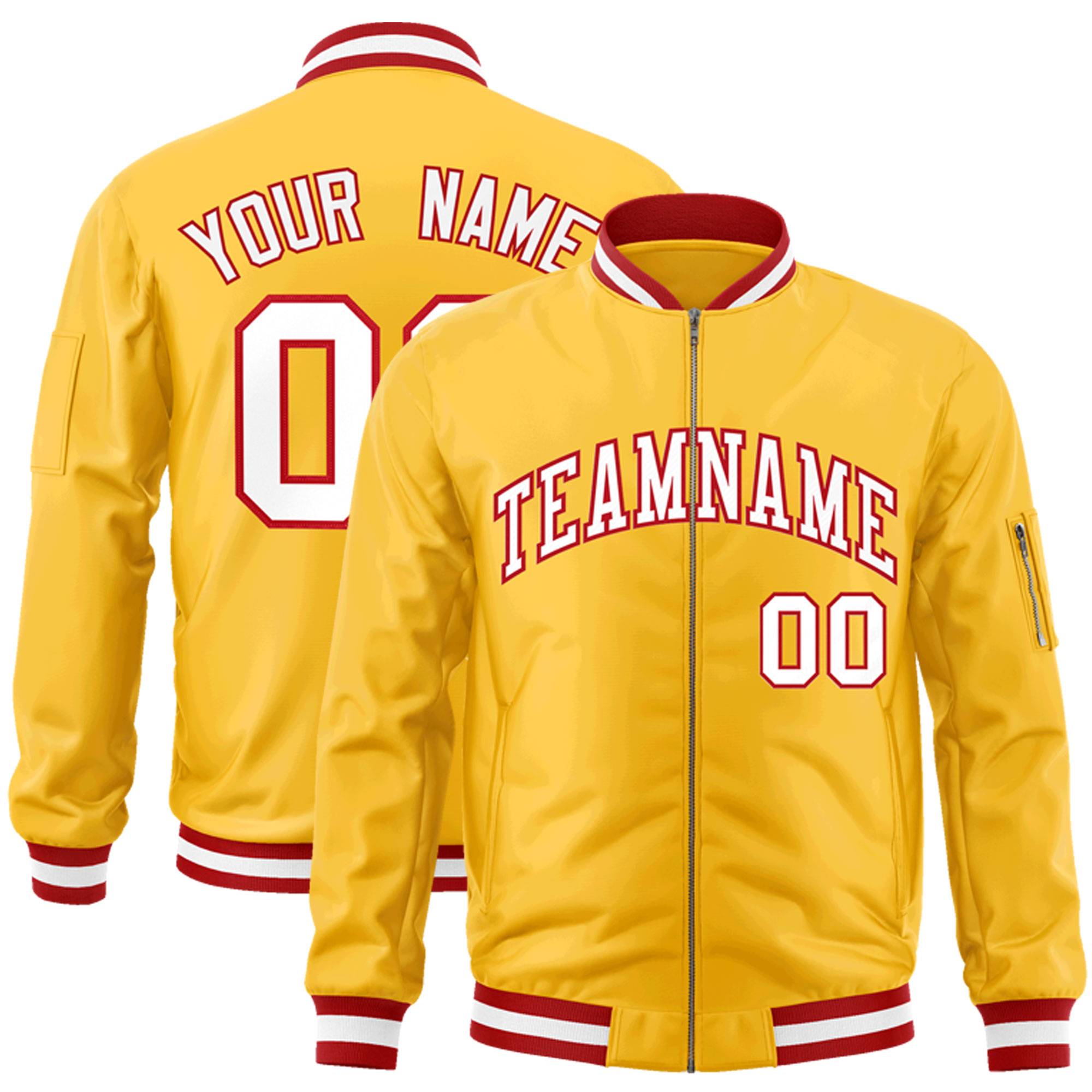 Custom Gold White-Red Varsity Full-Zip Letterman Bomber Jacket