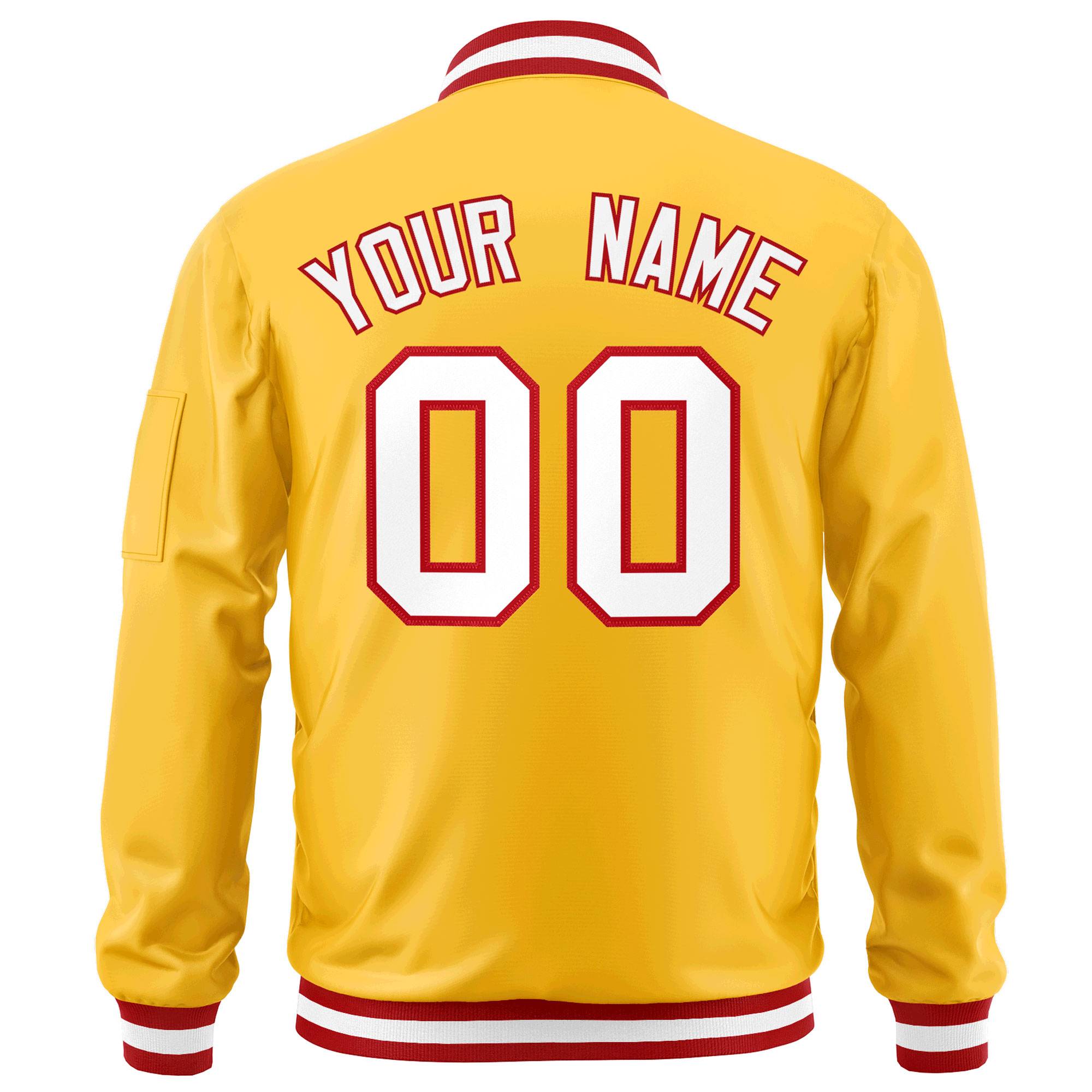 Custom Gold White-Red Varsity Full-Zip Letterman Bomber Jacket