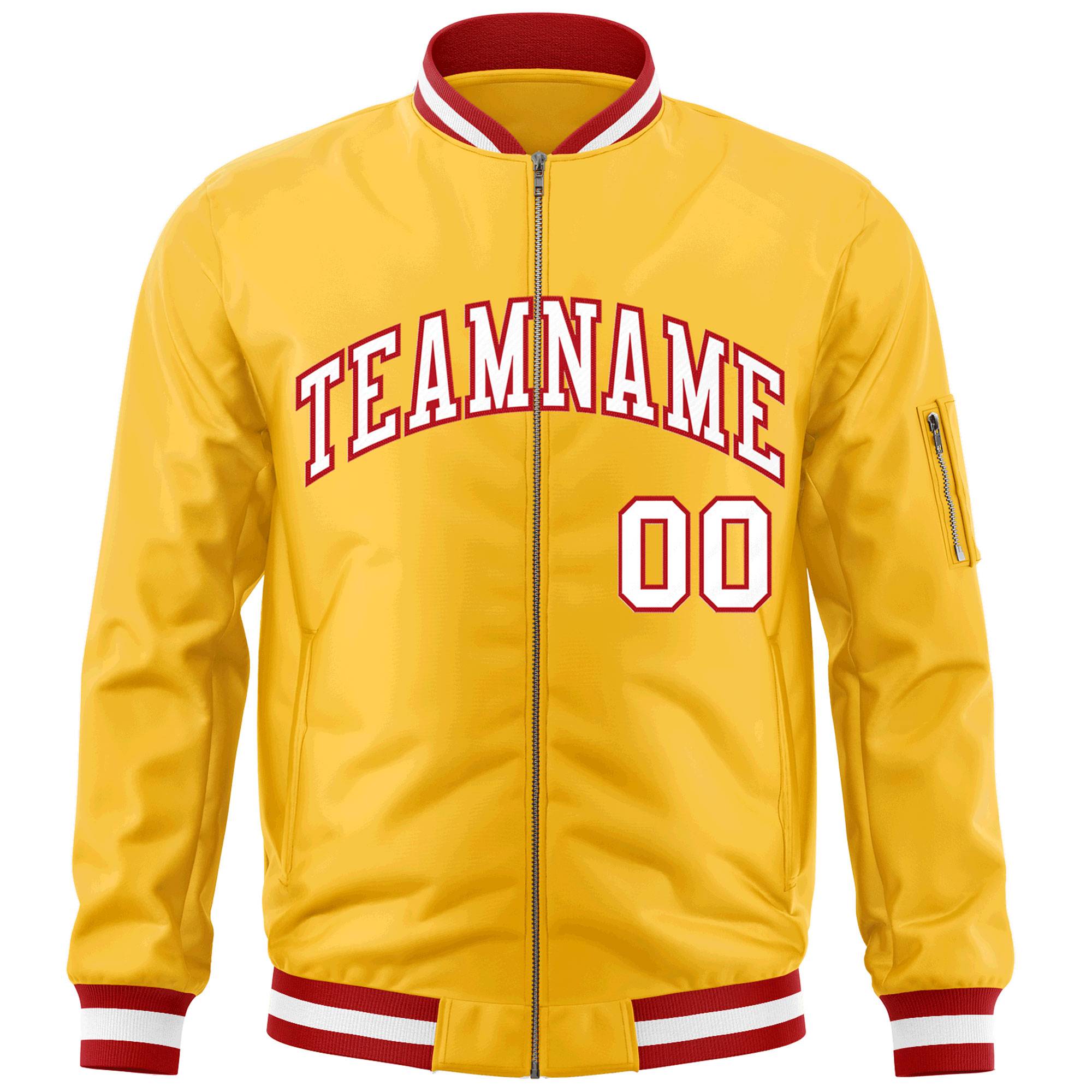 Custom Gold White-Red Varsity Full-Zip Letterman Bomber Jacket